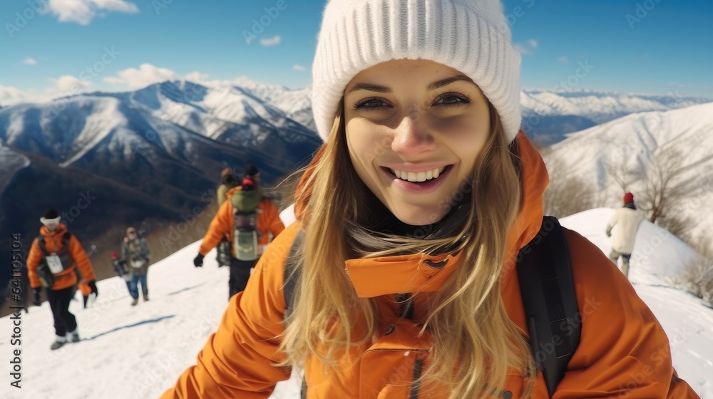 Selfie of female skier in the mountains.