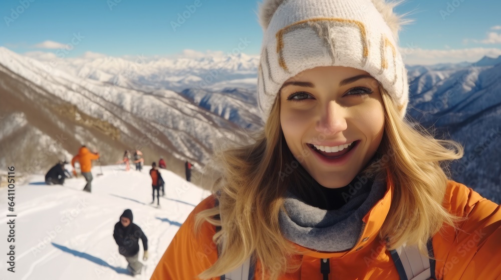 Selfie of female skier in the mountains.