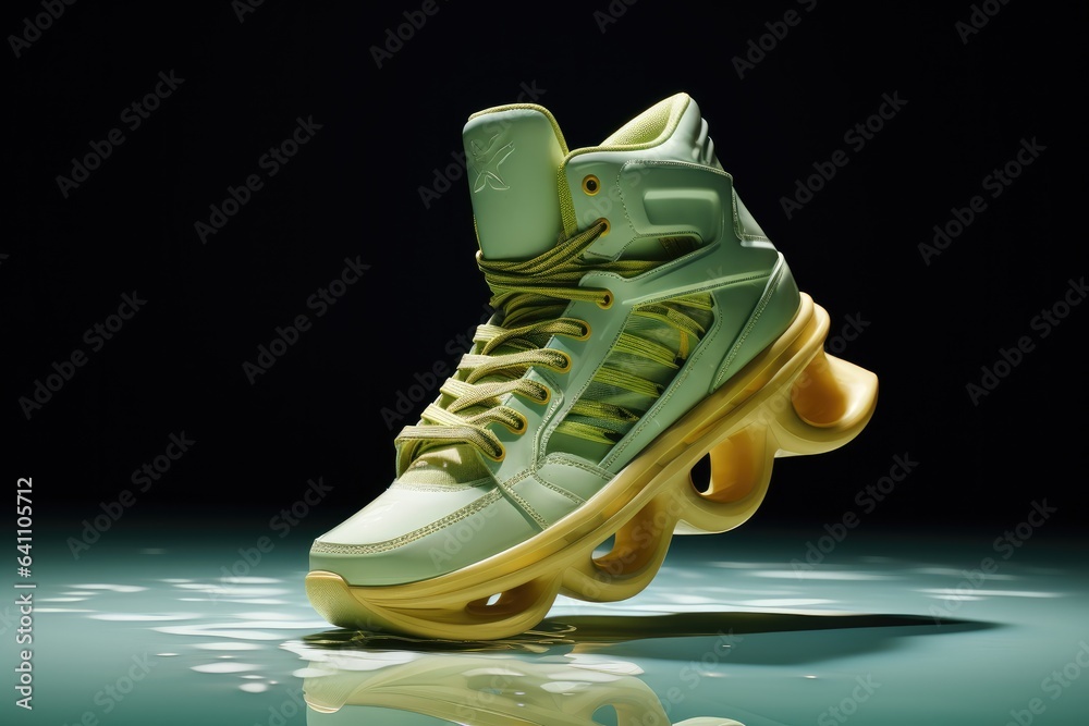 Shoes in the style of light yellow and dark green.