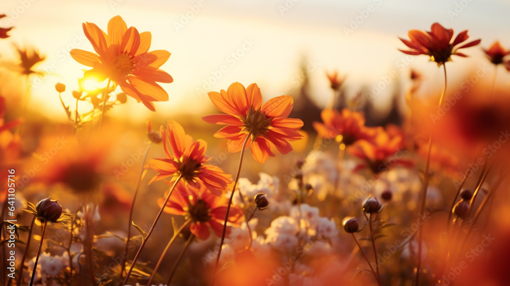 Field full of autumn flowers at sunrise