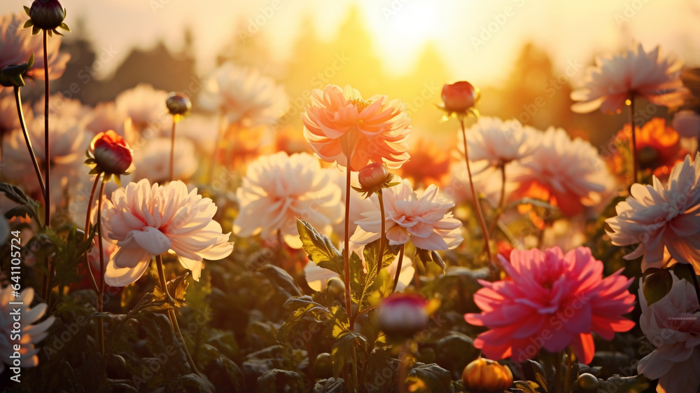 Field full of autumn flowers at sunrise