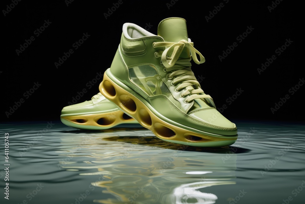 Shoes in the style of light yellow and dark green.