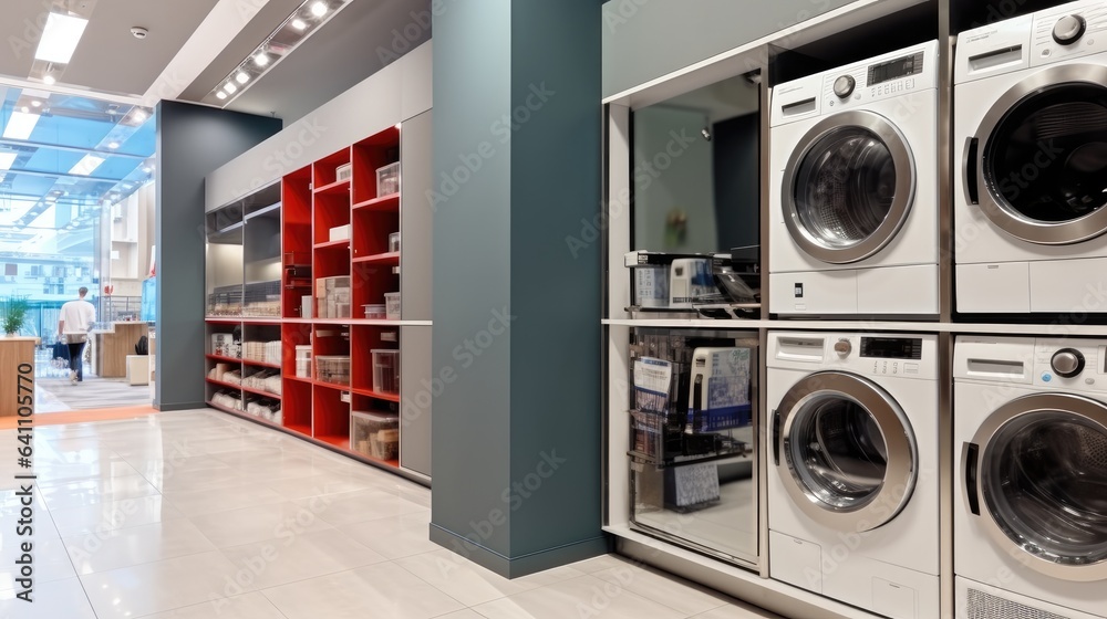 Washing machines and drying machines inside electronics store.