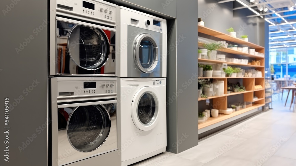 Washing machines and drying machines inside electronics store.