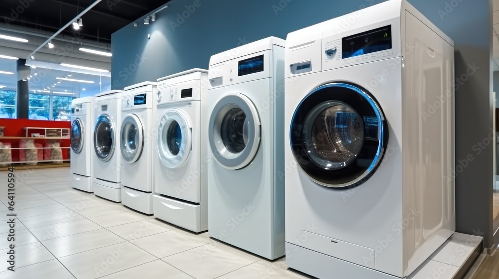 Washing machines and drying machines inside electronics store.