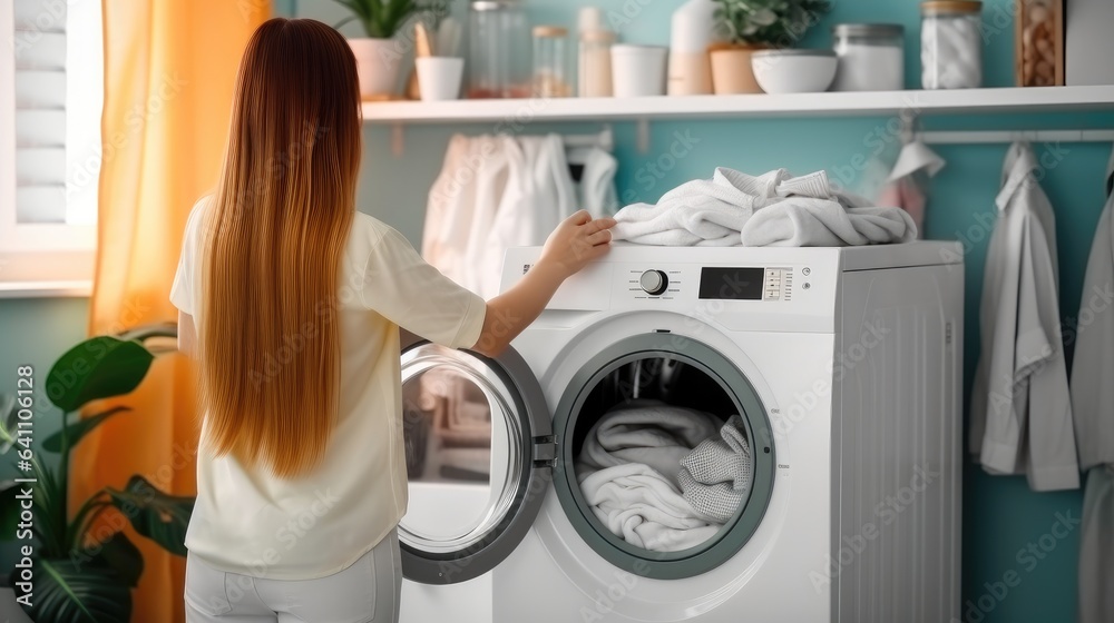 Woman are putting dirty clothes into washing machine in laundry room at home.