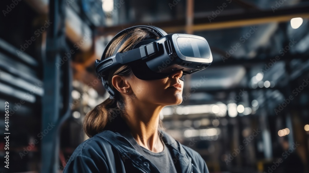 Woman engineer using VR headset in industrial factory for futuristic research, Digital tech and 3d a