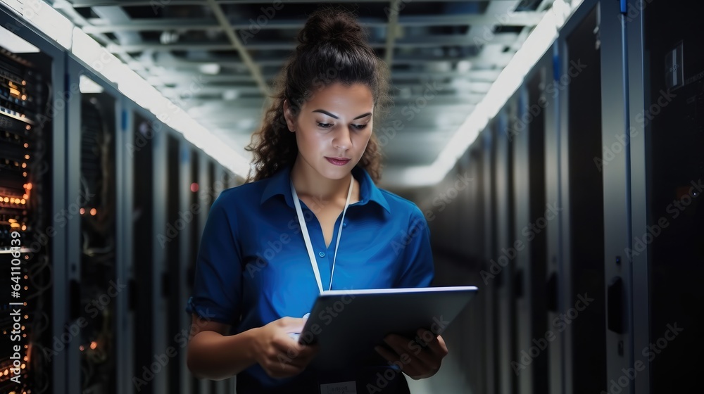 Woman on research for programming in server room, Information technology, inspection in data center 