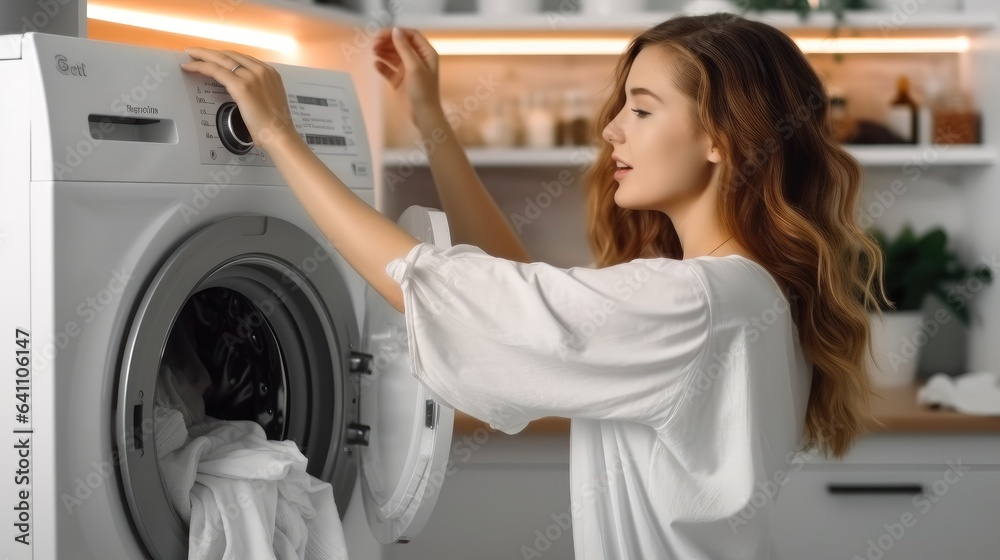 Woman are putting dirty clothes into washing machine in laundry room at home.