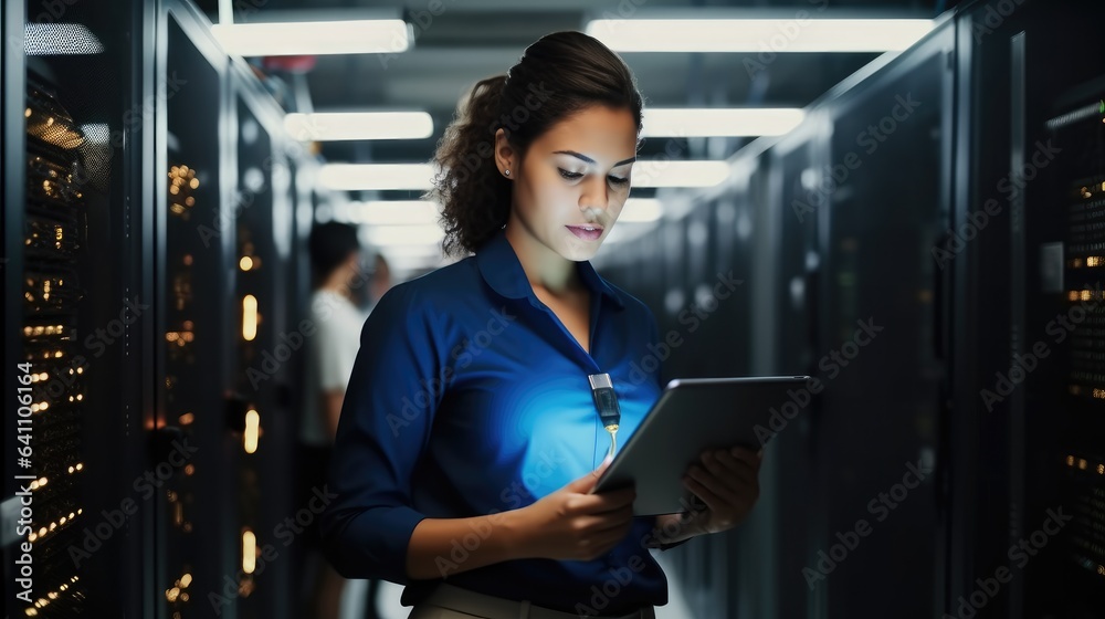 Woman on research for programming in server room, Information technology, inspection in data center 