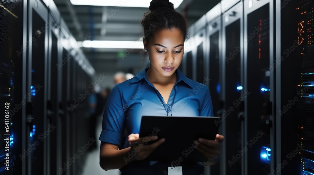 Woman on research for programming in server room, Information technology, inspection in data center 