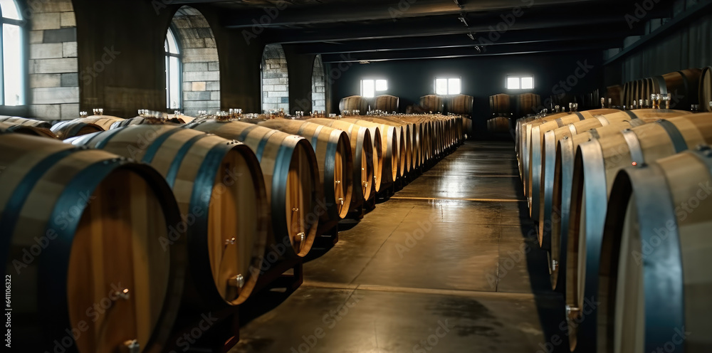 Wooden barrels in modern wine cellar, Winemaking, winery, Industrial environment.