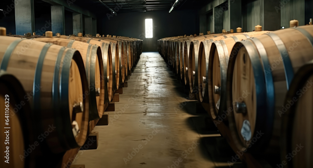 Wooden barrels in modern wine cellar, Winemaking, winery, Industrial environment.