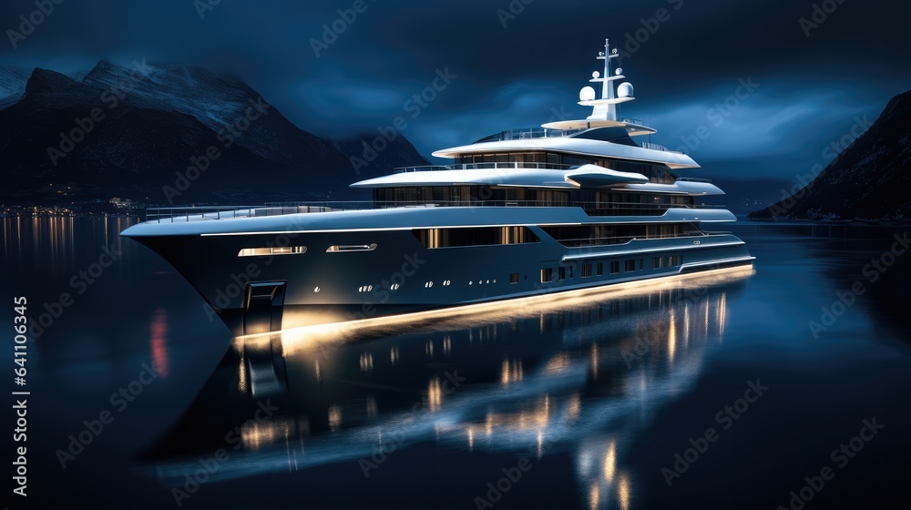 Modern yacht cruising in sea at night, Luxurious super yacht.