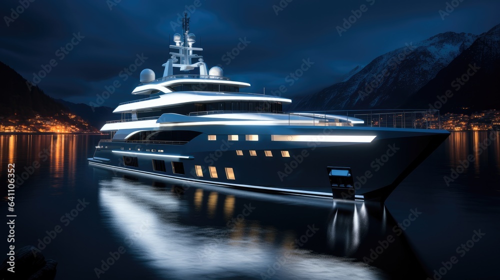 Modern yacht cruising in sea at night, Luxurious super yacht.