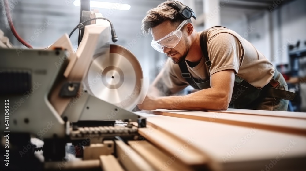 Young carpenter cutting plank on a sawing machine.