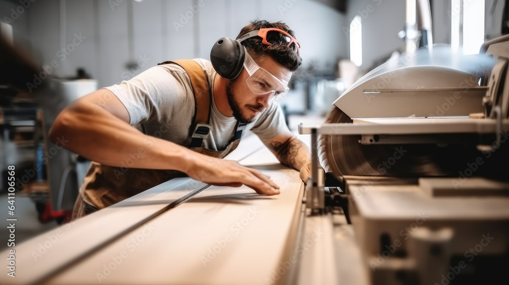 Male carpenter using sander on a piece of wood in a carpentry workshop.