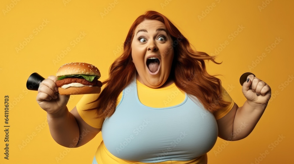 Big fat fit woman hold burger in hand with dumbbells isolated on yellow background, Workout sport co