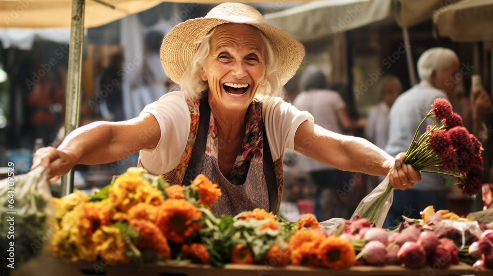 Happy elderly woman working at the farmers market