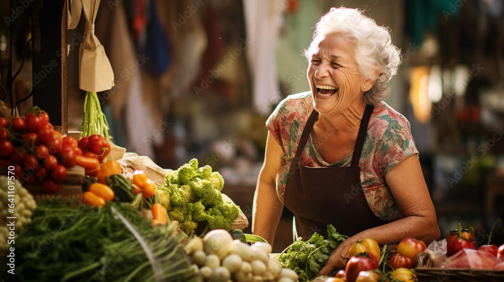 Happy elderly woman working at the farmers market