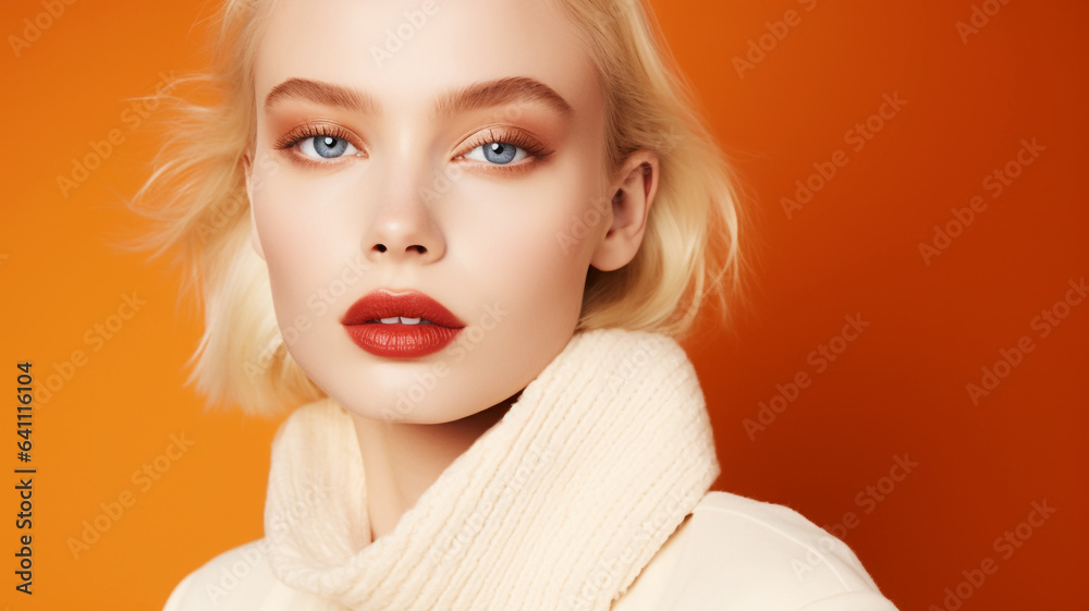 Beautiful model on an orange colored background