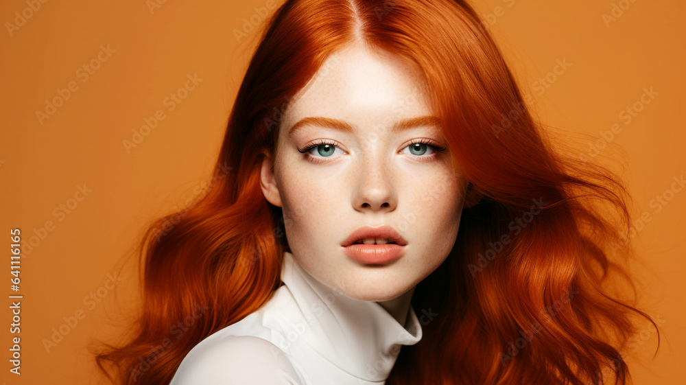 Beautiful model on an orange colored background