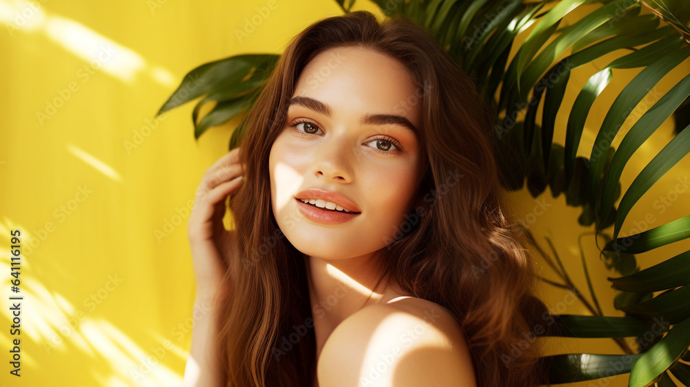 Beautiful woman with tropical green plants