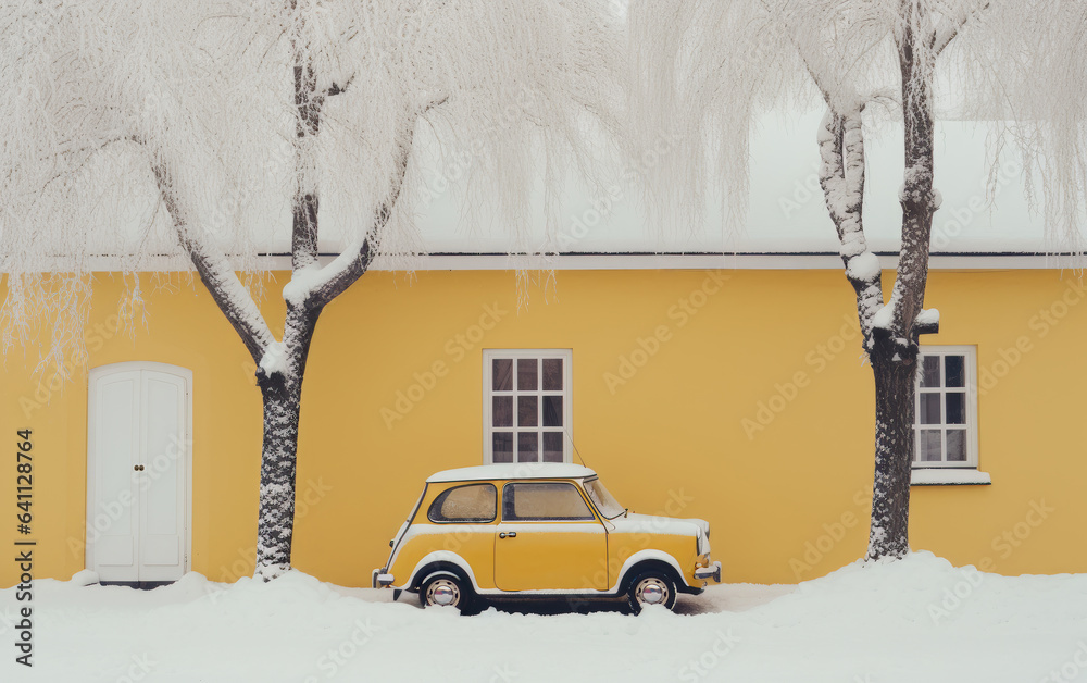 Yellow vintage car parked outside snowy building