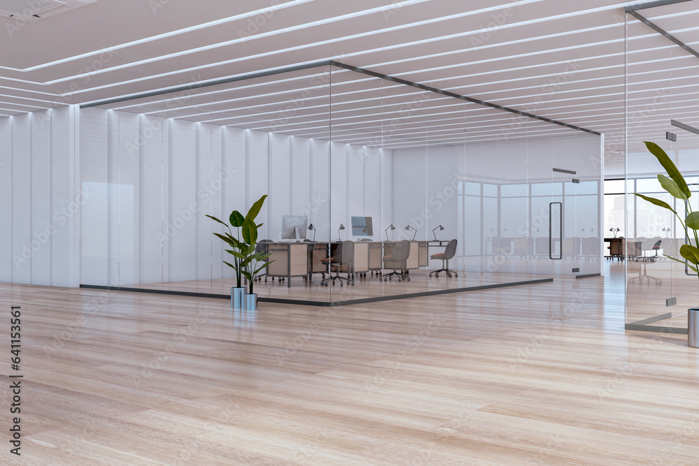 Bright white glass office and meeting room interior with wooden parquet flooring, panoramic windows 