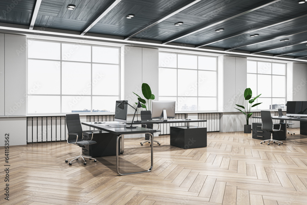 New coworking office interior with wooden flooring and window with city view. 3D Rendering.