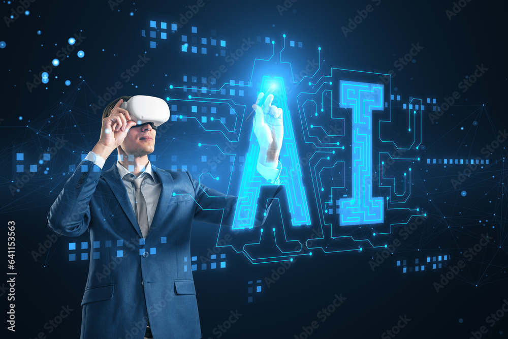 Attractive businessman with VR glasses using glowing digital polygonal AI hologram on dark backgroun