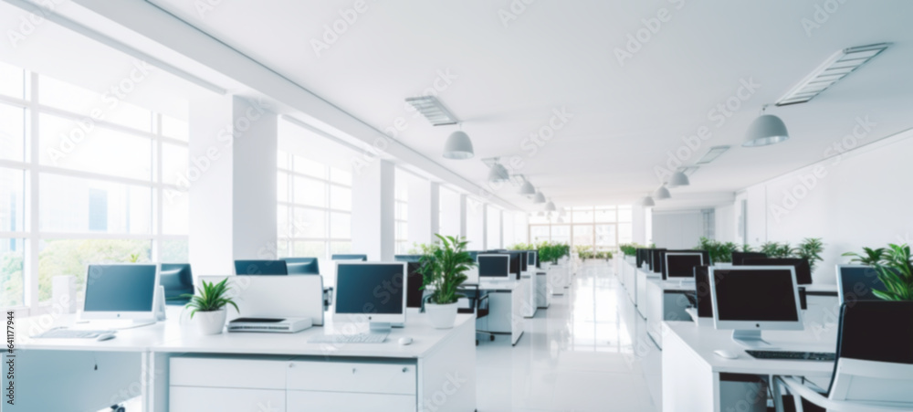 Blur of white open space office interior in white glass office background modern cityscape backgroun