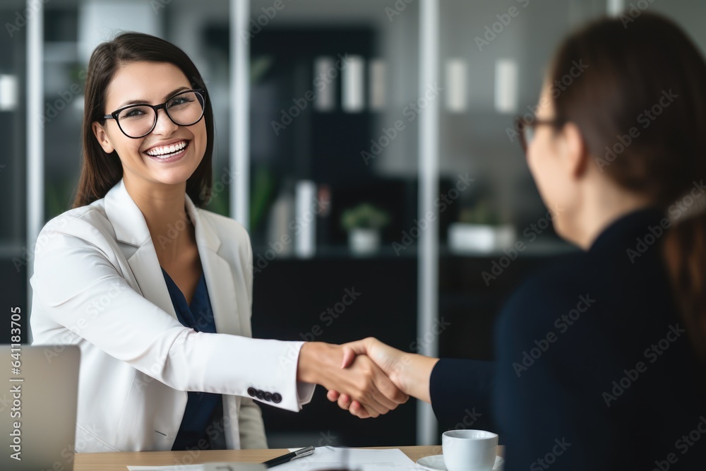 Happy mid aged business woman manager handshaking at office meeting. Smiling female HR hiring recrui