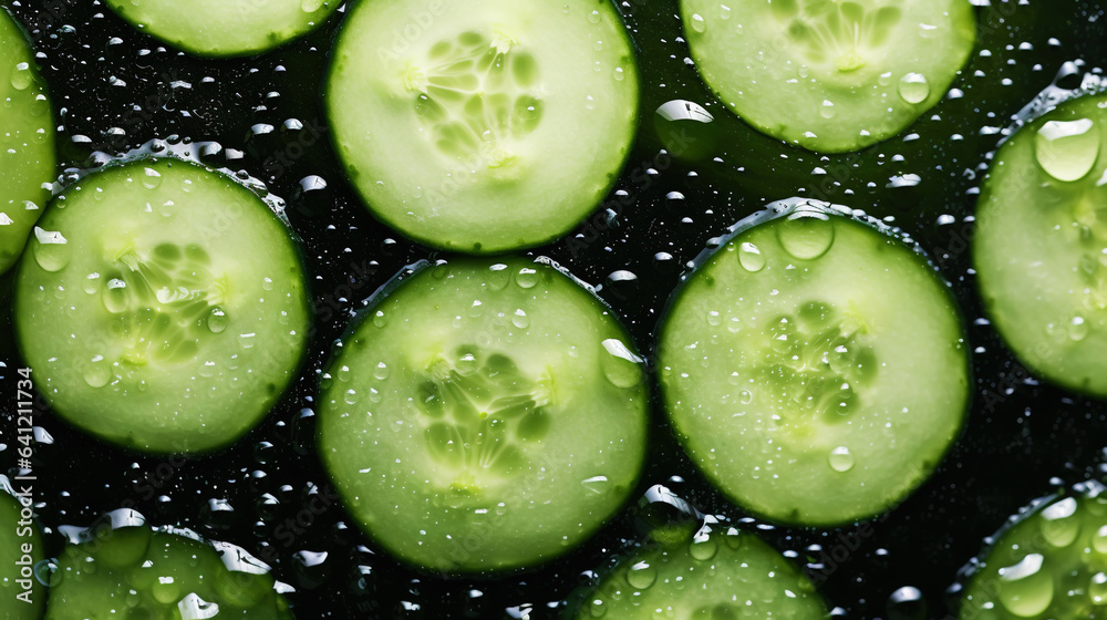 Fresh green cucumber slices with water drops background. Vegetables backdrop. Generative AI