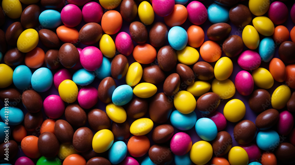 Close up of a pile of colorful chocolate coated candies. Candy background. Generative AI