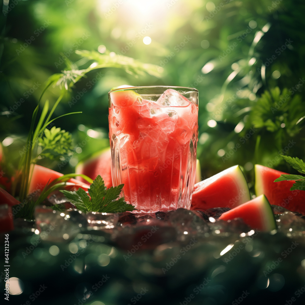 Fresh tropical cocktail with watermelon and ice with tropical trees and plants on a dark mystical ba