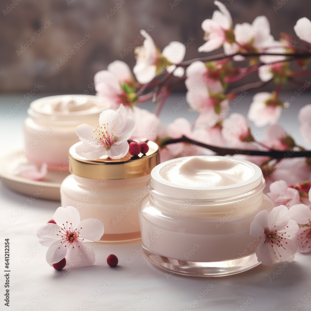 Moisturizing cream and almond blooms front view close up