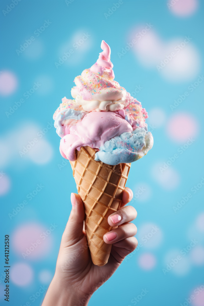 Hand holding big ice-cream in waffles cone on blue background