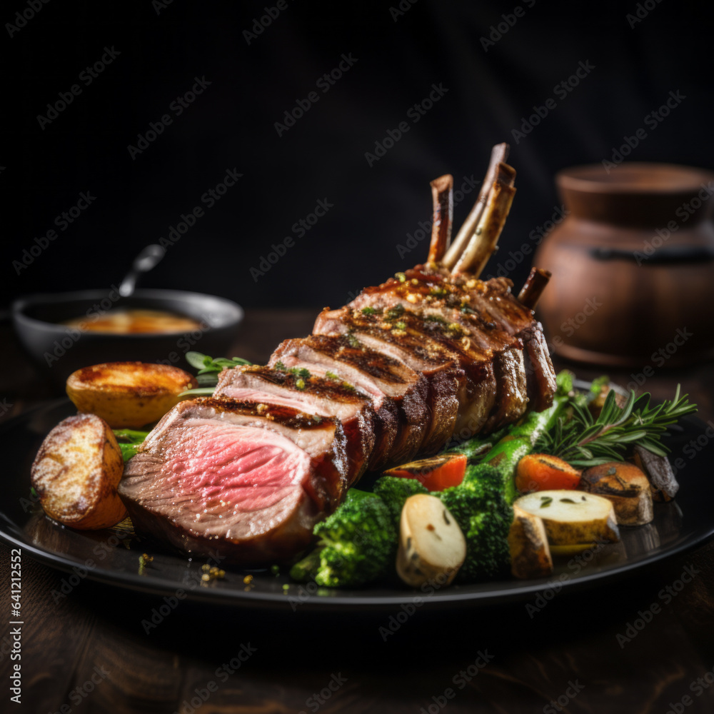 Traditional, roasted rack of lamb cutlets with vegetables and herbs