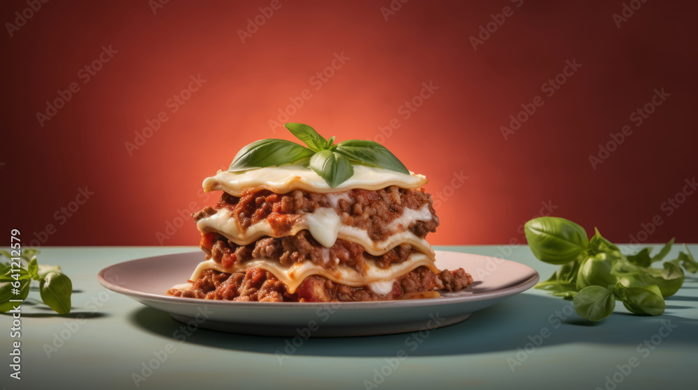 Close-up of a traditional lasagna made with minced beef bolognese sauce topped with basil leafs serv