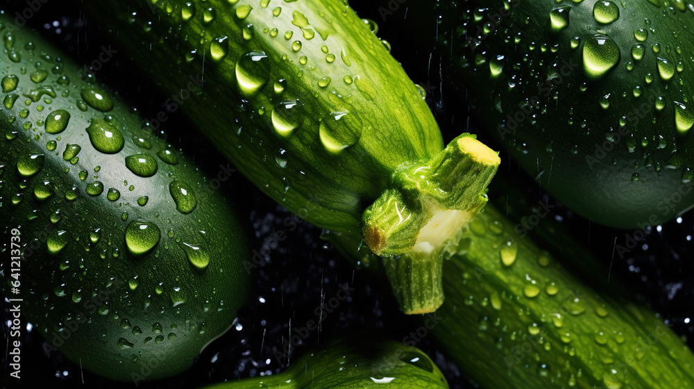 Freshgreen zucchini or courgettes with water drops background. Vegetables backdrop. Generative AI