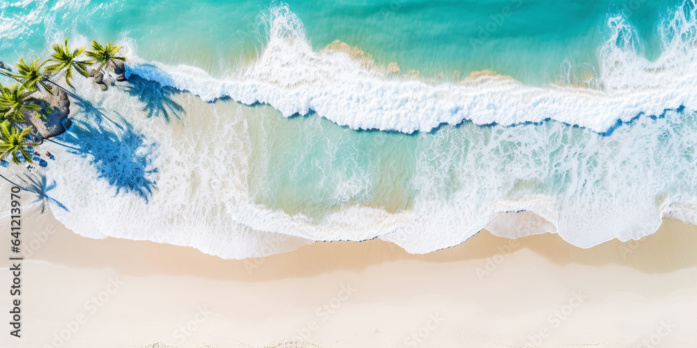 Aerial top view on sand ocean beach with palm trees. Summer vacation paradise concept. Generative AI