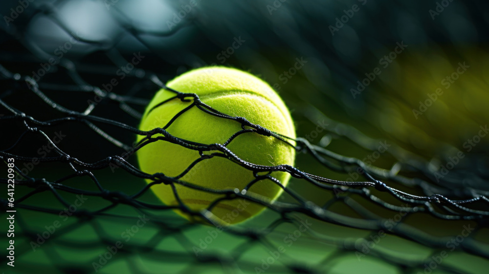 Close up of a tennis ball on a net, a tennis court