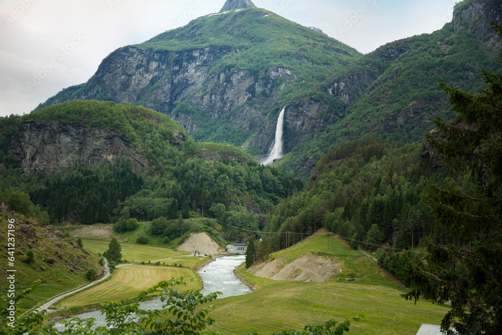 The beauty of Norwegian nature. West Norway natural landscape along the route of the Flam railway