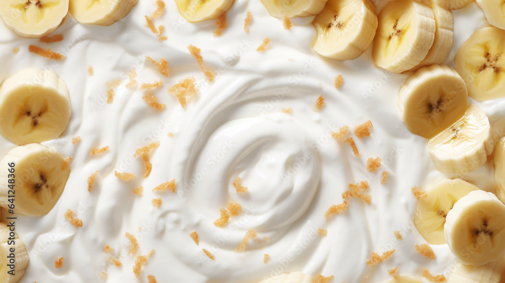 Yogurt and fresh bananas, background. Top view. Generative AI