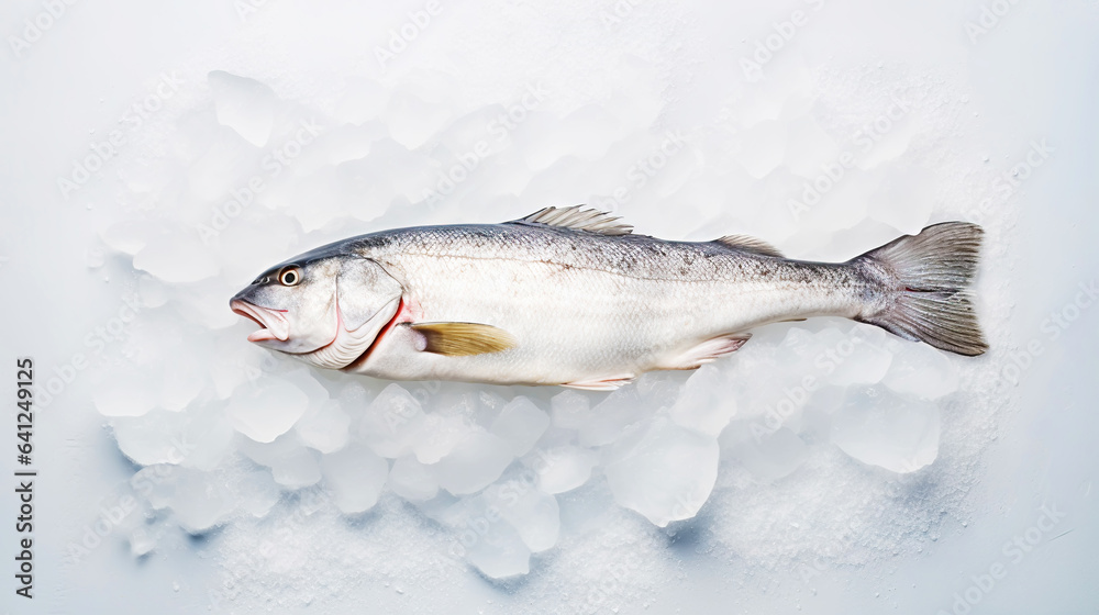 Fresh raw cod fish on ice. Seafood background. Generative AI