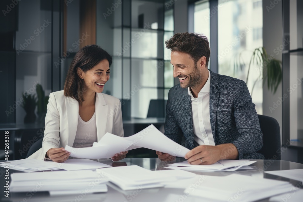 Business woman and man lawyer attorney showing document to man client providing advisory services, p