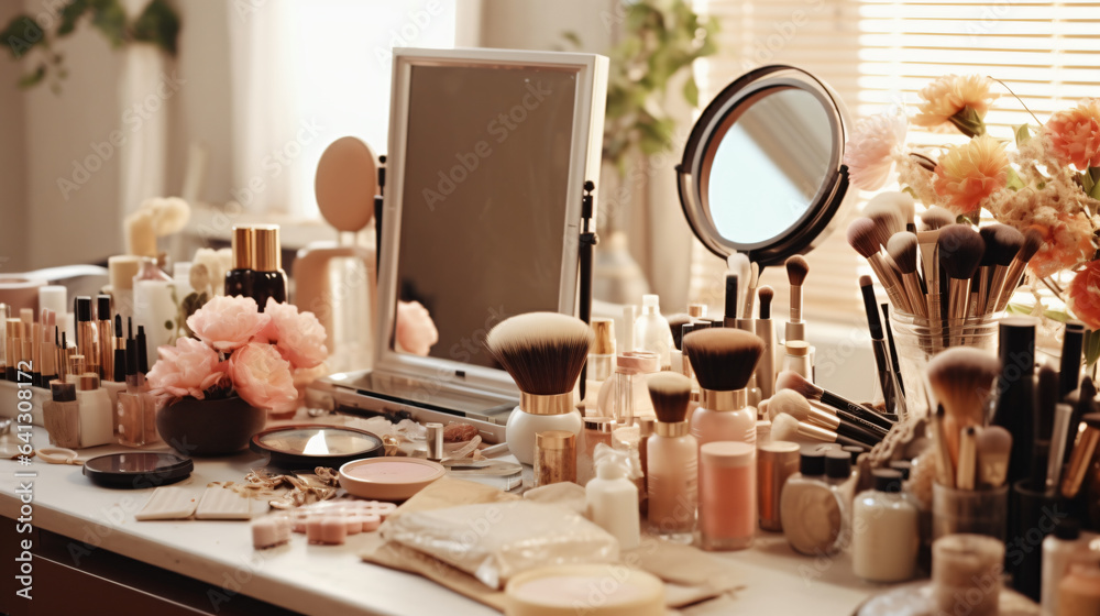 Different makeup products and accessories on dressing table