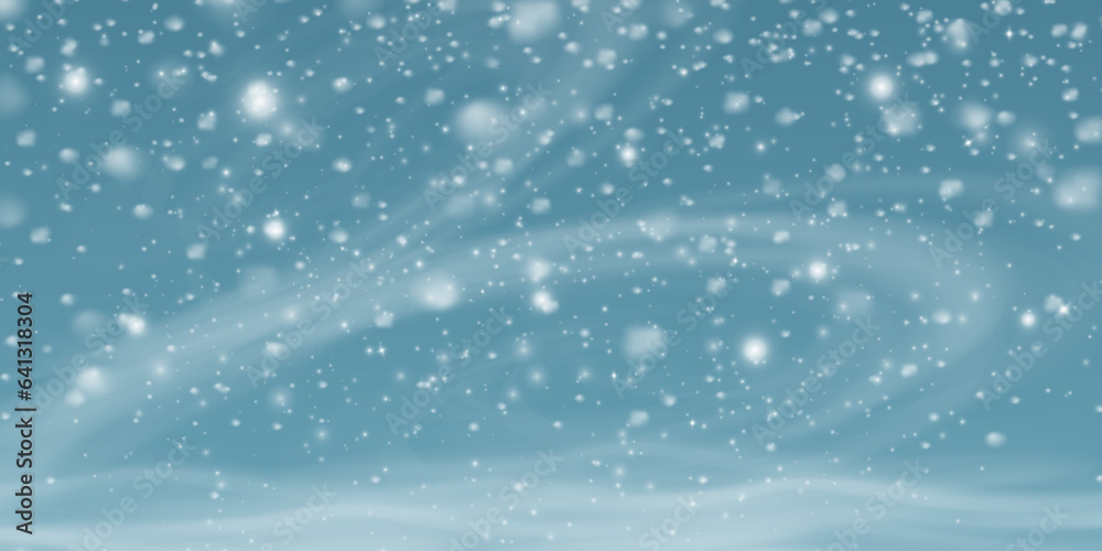 Winter blizzard with sparkles, falling snow with snowflakes and blizzard. Illustration. Light, dust,