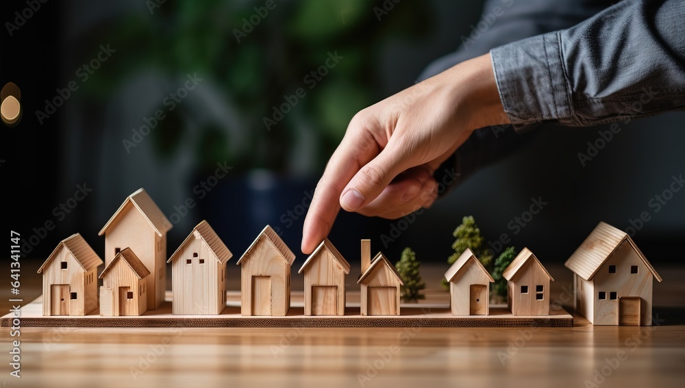 Close-up Of Businesspersons Hand Protecting Wooden House Model On Table